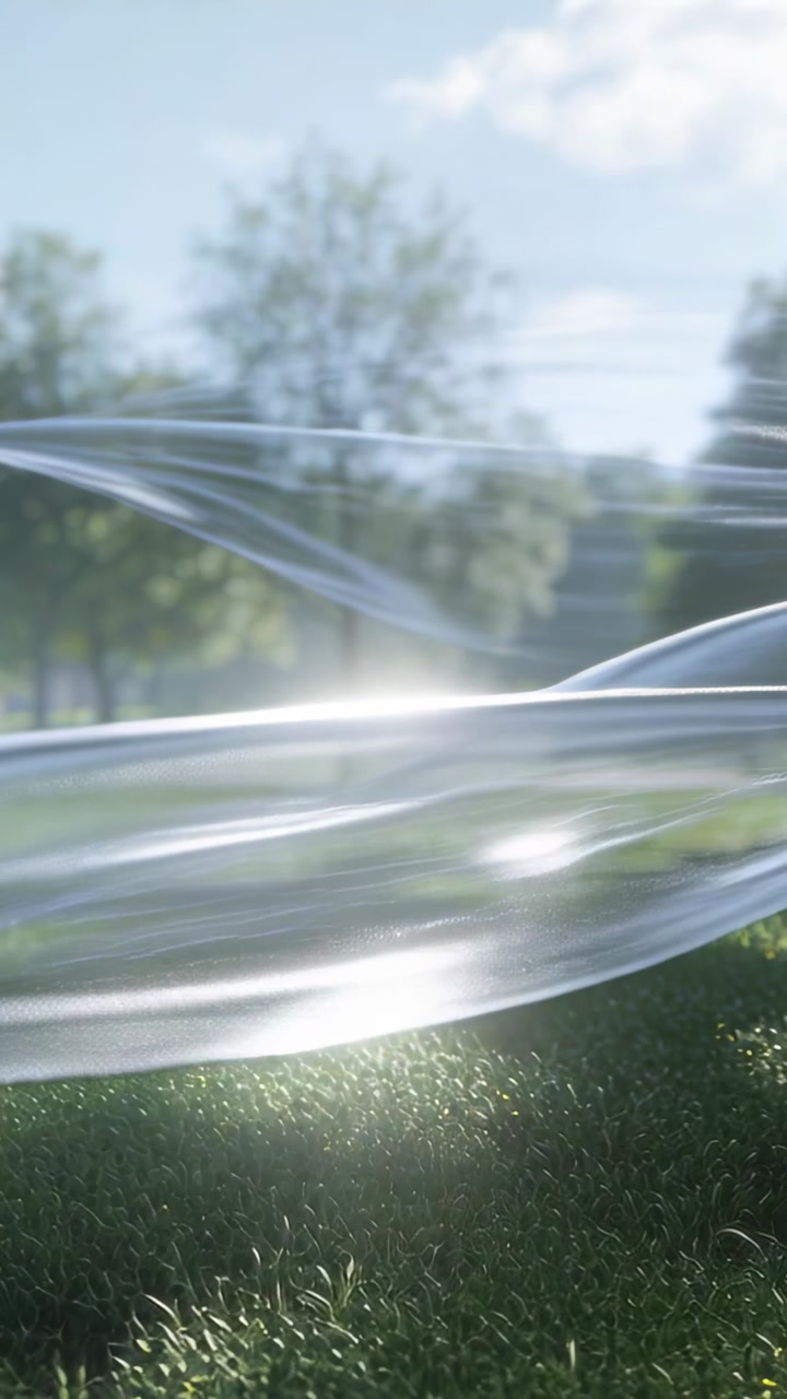 Vertical video: Gliding sheer ribbons sweeping right across sunlit park grass, by breeze