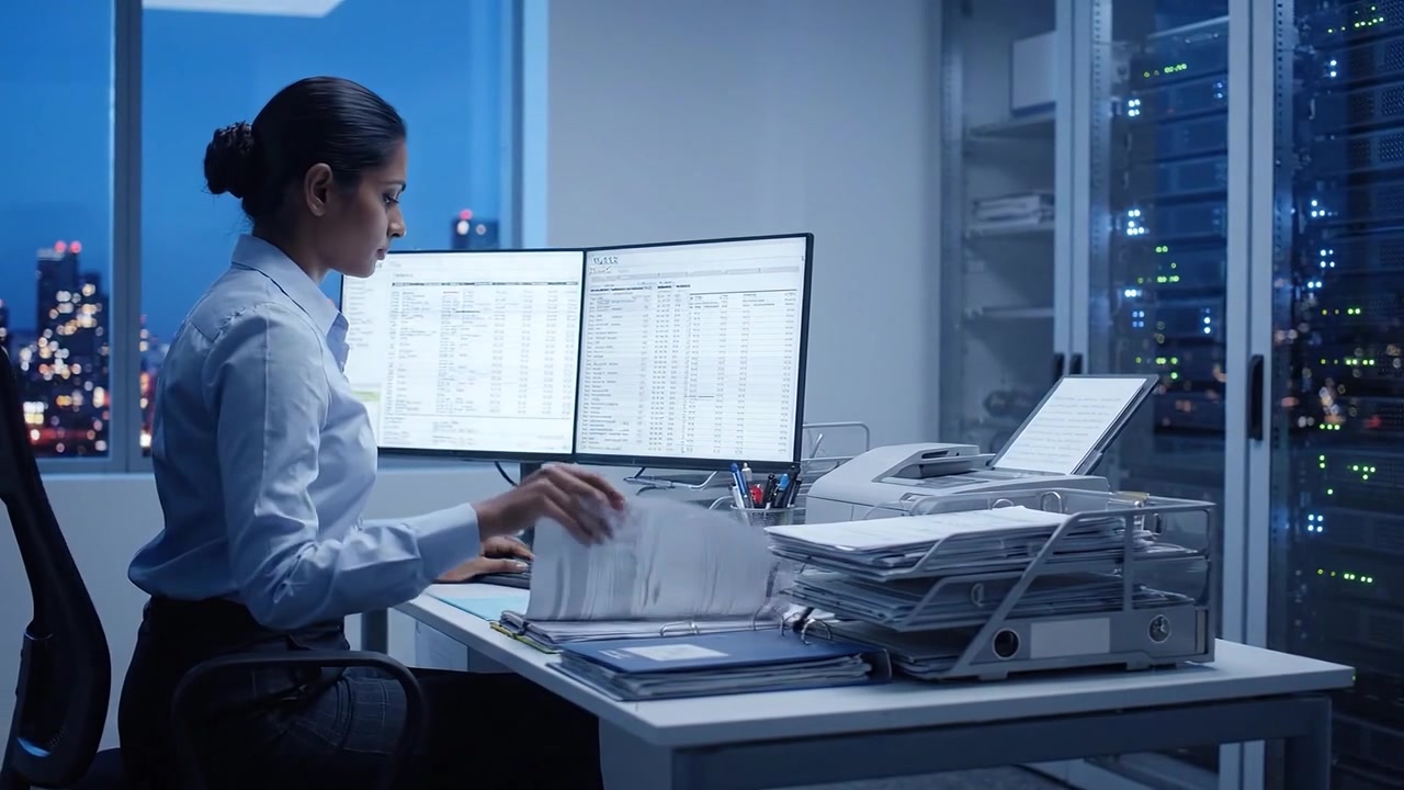 Focused Professional Working Late on Dual Monitors Surrounded by Papers in a Modern Office Setting with City Lights in the Background
