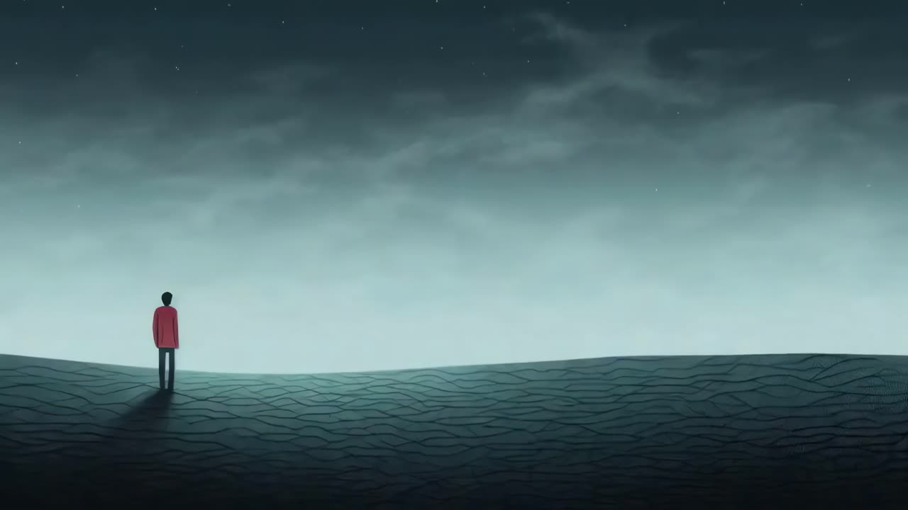 A solitary figure in a red coat stands on a textured landscape under a starry sky