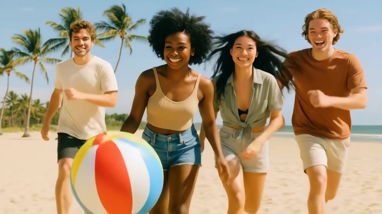 Happy Young Friends Running with a Beach Ball on a Tropical Beach