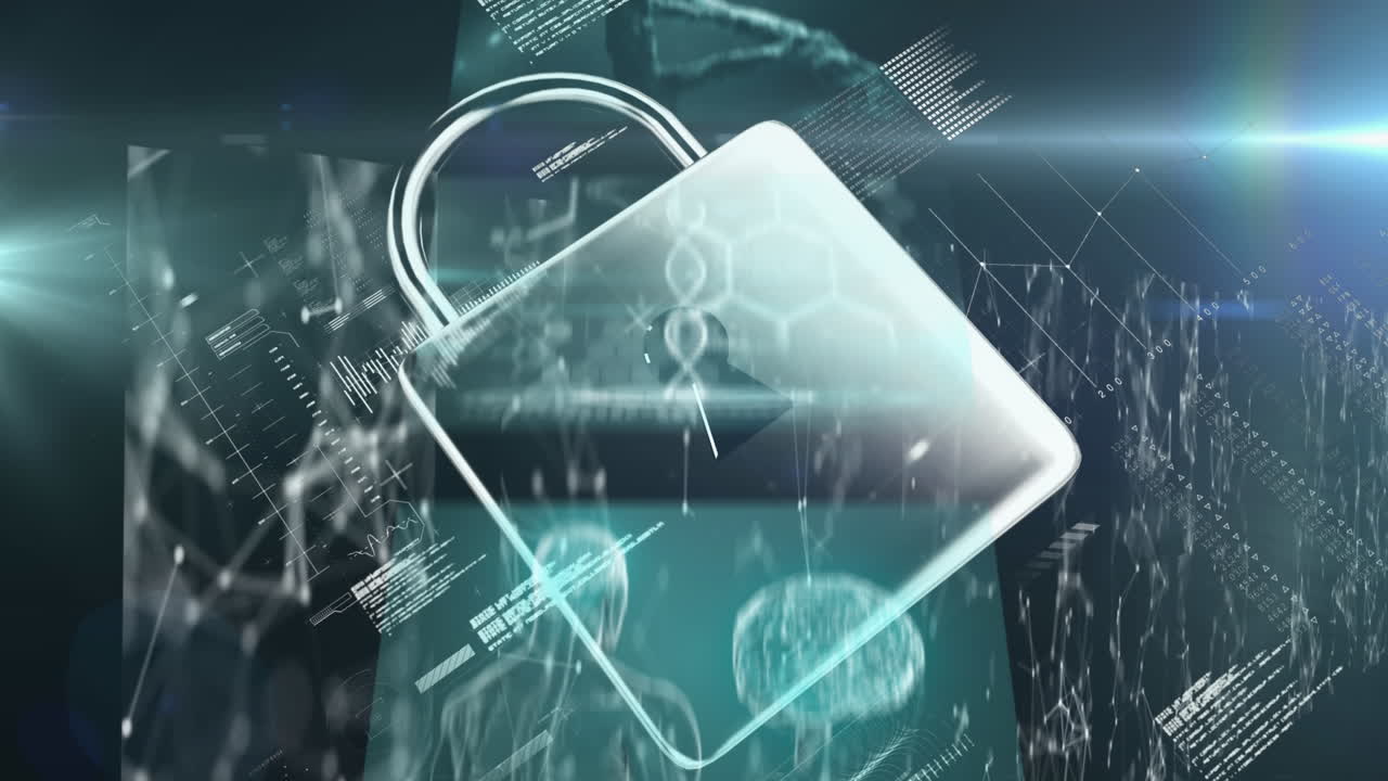 animación del candado sobre el procesamiento de datos sobre fondo negro