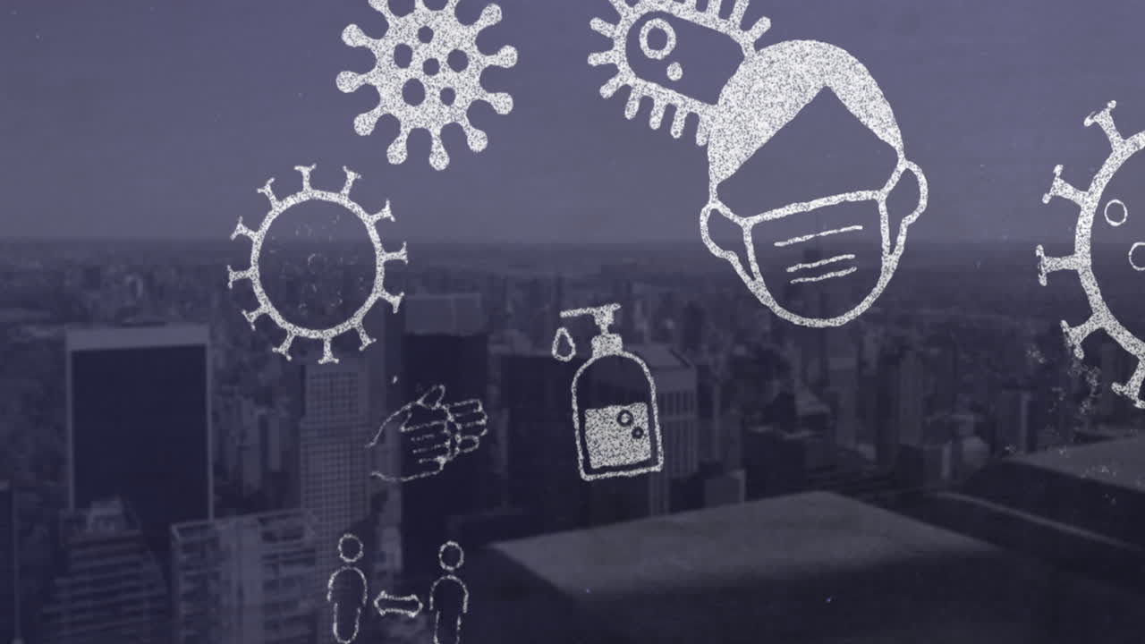 코로나바이러스 콘셉트 아이콘과 도시 풍경