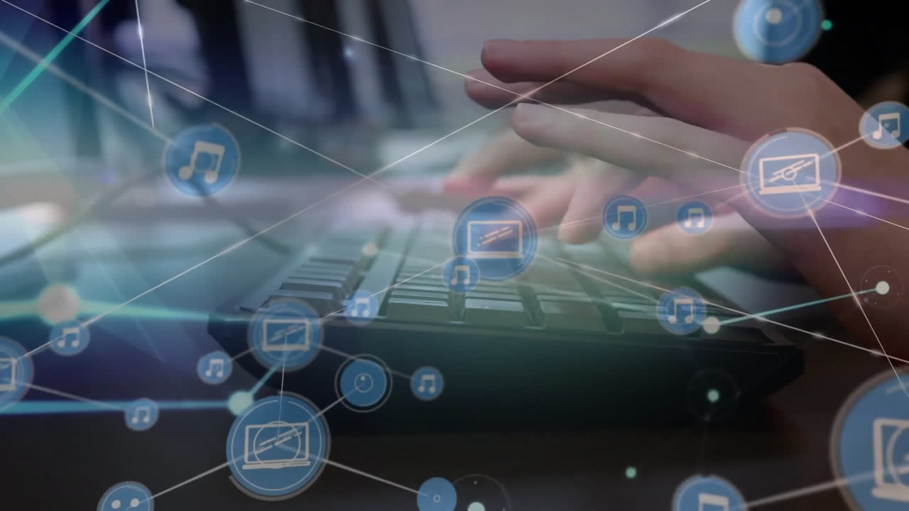 컴퓨터를 사용하는 다양한 학교 학생을 대상으로 네트워크 및 데이터 처리의 애니메이션