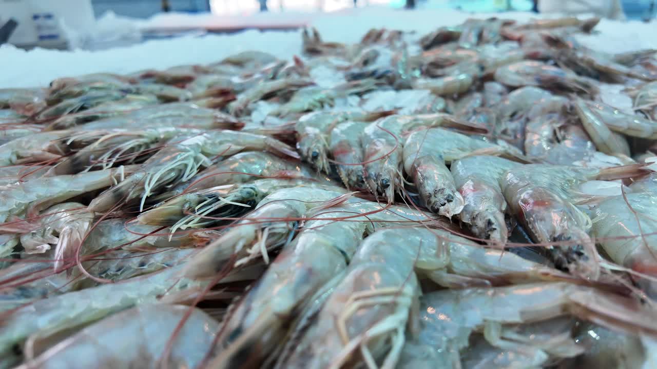 Fresh Raw Shrimp on Ice at a Seafood Market