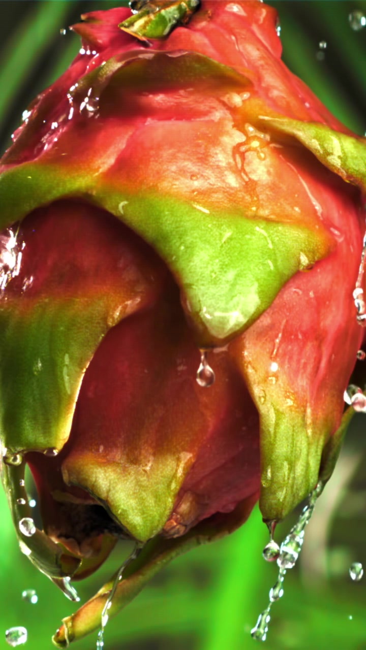 Slow Motion Water Dripping on Exotic Dragon Fruit