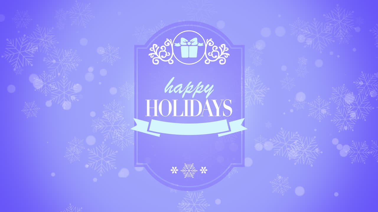 Felices Fiestas con caja de regalo, nieve y cintas sobre un degradado azul