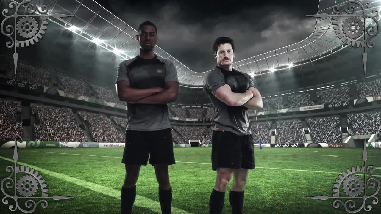 In illuminated stadium, two soccer players standing confidently on field