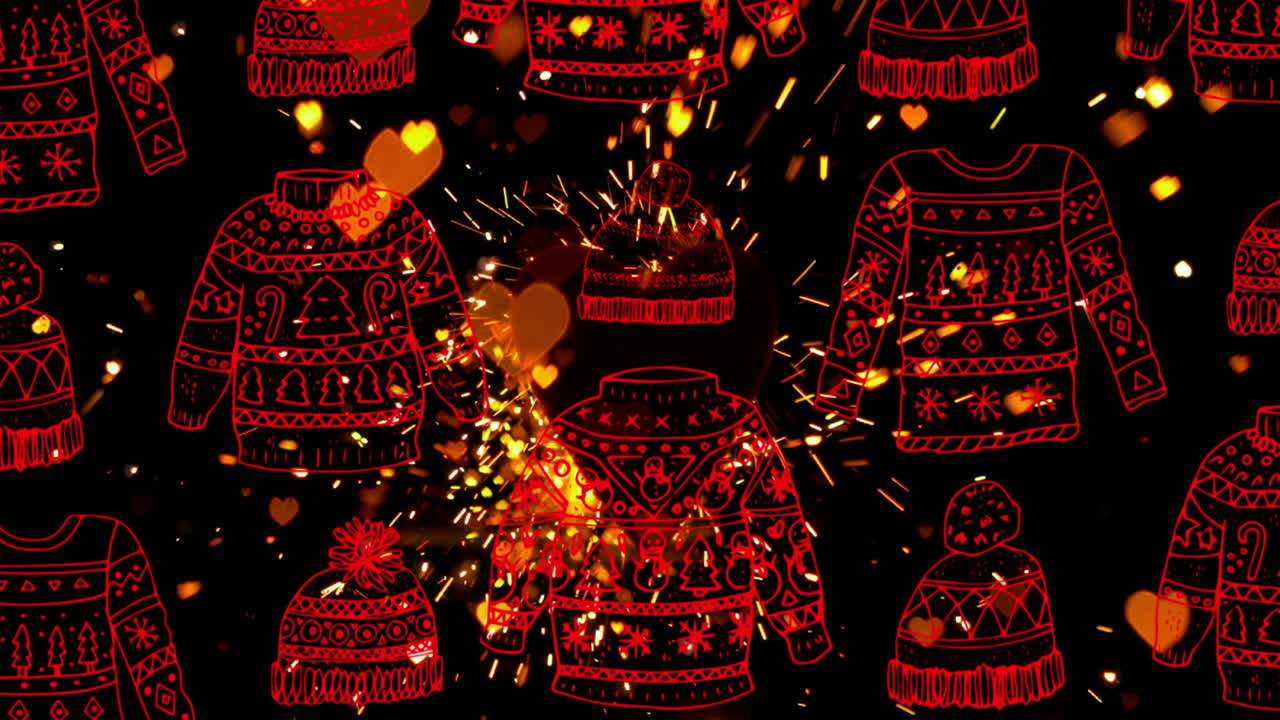 animación de jumpers y sombreros sobre corazones rojos brillantes