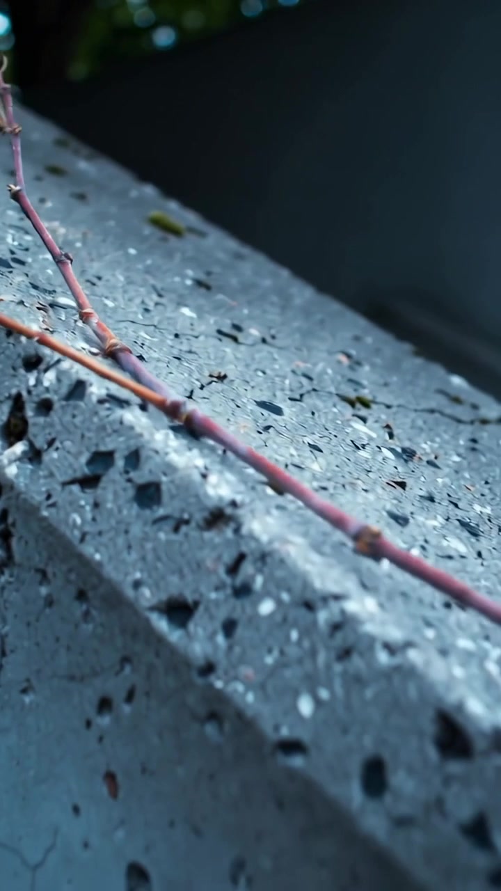 Video verticale: Telecamera inclinata che rivela un sottile ramoscello rosso su una sporgenza di cemento, mostrando texture e muschio.