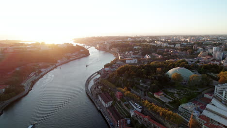 beautiful aerial establishing shot at sunset of porto, portugal