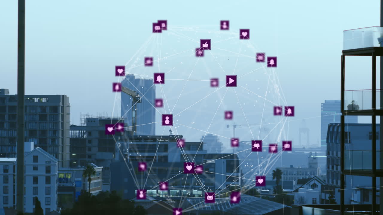 도시 풍경의 공중 시야를 반영하여 회전하는 디지털 아이콘의 지구상의 애니메이션