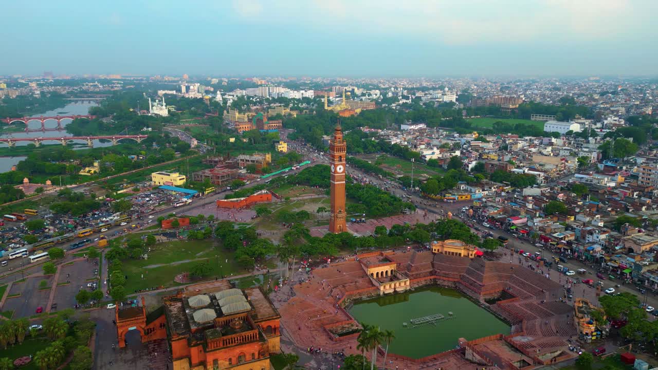 Husainabad Clock Tower and Bada Imambara India Architecture view from drone