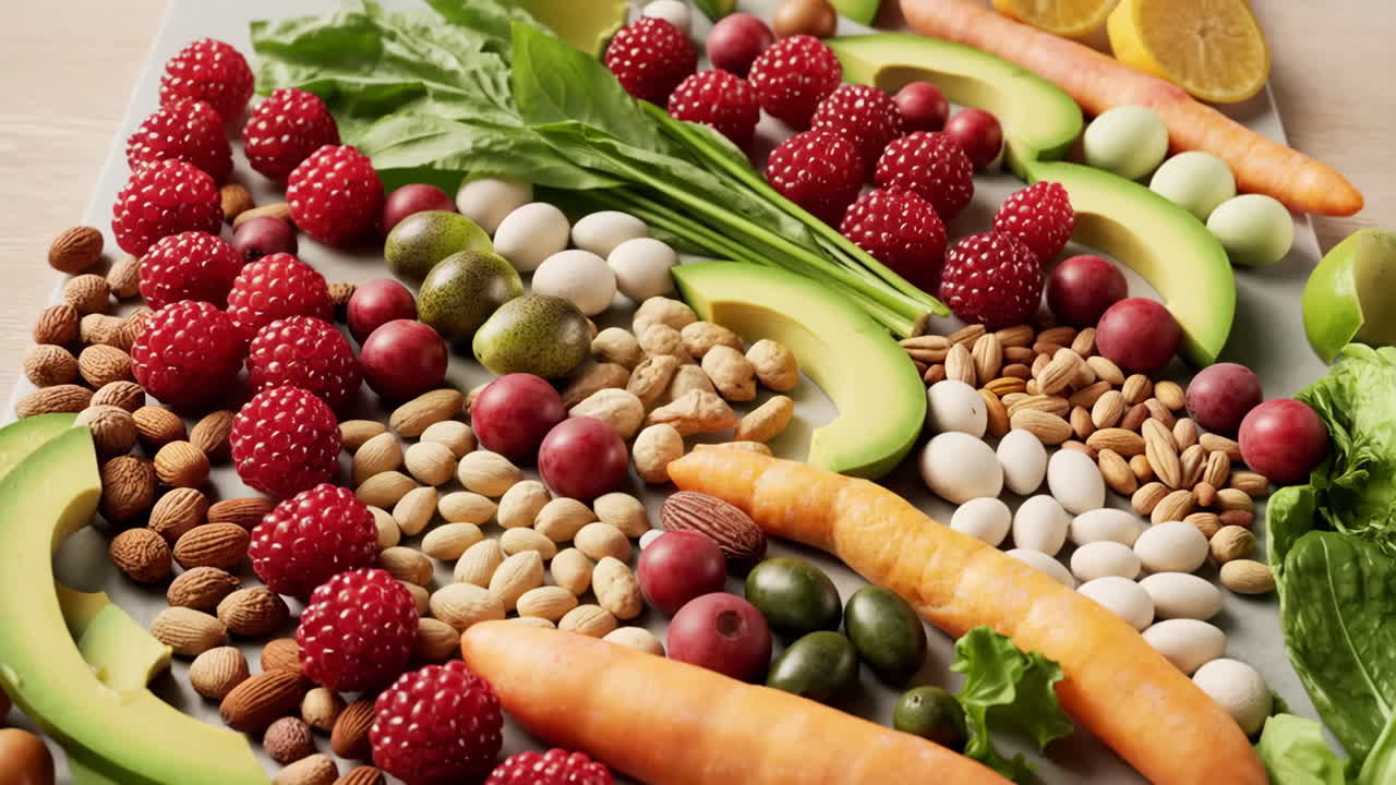 Assortment of Fresh Fruits, Vegetables, and Nuts