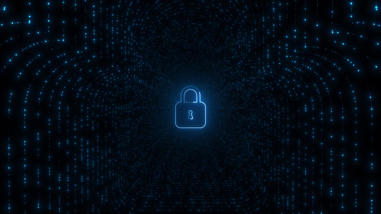 Blue cyber security lock background with glowing padlock icon dotted tunnel digital particles and