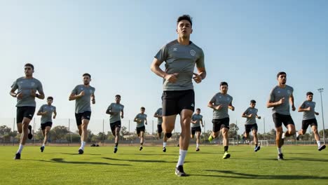 a dynamic team training session: athletes engaged in intense sprinting drills on the field to enhance speed, endurance, and team coordination under the clear sky