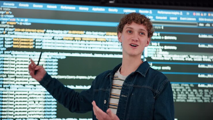 Mann präsentiert Code auf einem Bildschirm