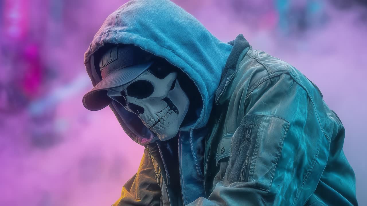 Una figura misteriosa con felpa e maschera a teschio avvolta da fumo colorato, che cattura un momento inquietante ma artistico di alienazione urbana ed espressione individuale.
