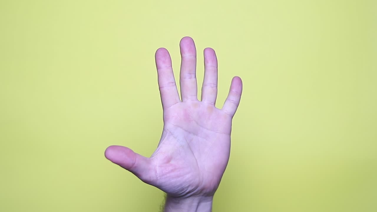 노란색 배경에 고립 된 손바닥 또는 하이 파이브 제스처를 보여주는 손