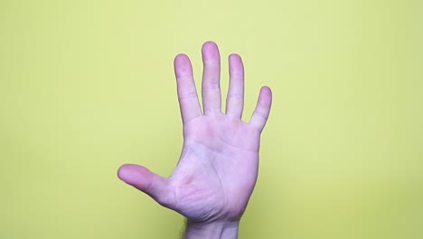 mano que muestra la palma de la mano o el gesto de los cinco altos aislados en fondo amarillo
