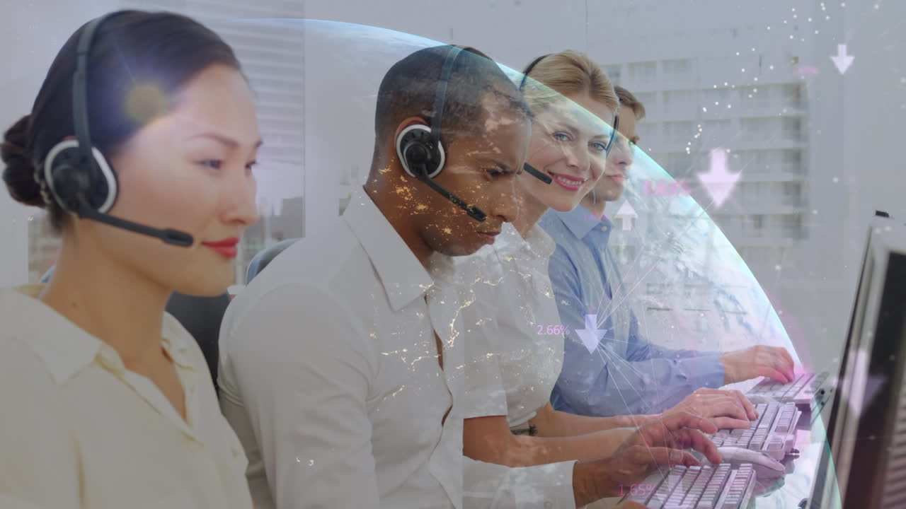 전화 헤드 ⁇ 을 사용하는 다양한 비즈니스 사람들에 대한 전 세계와 연결의 애니메이션