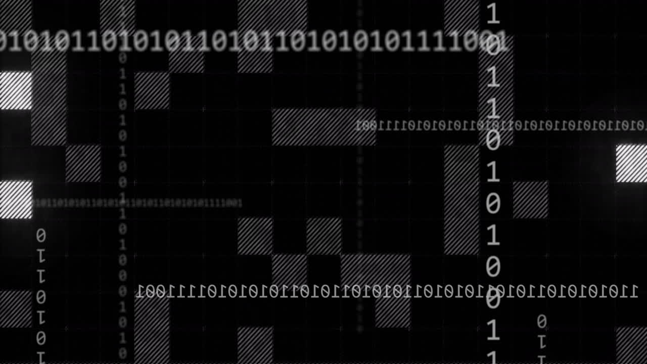 Animating binary code and pixelated patterns over black background