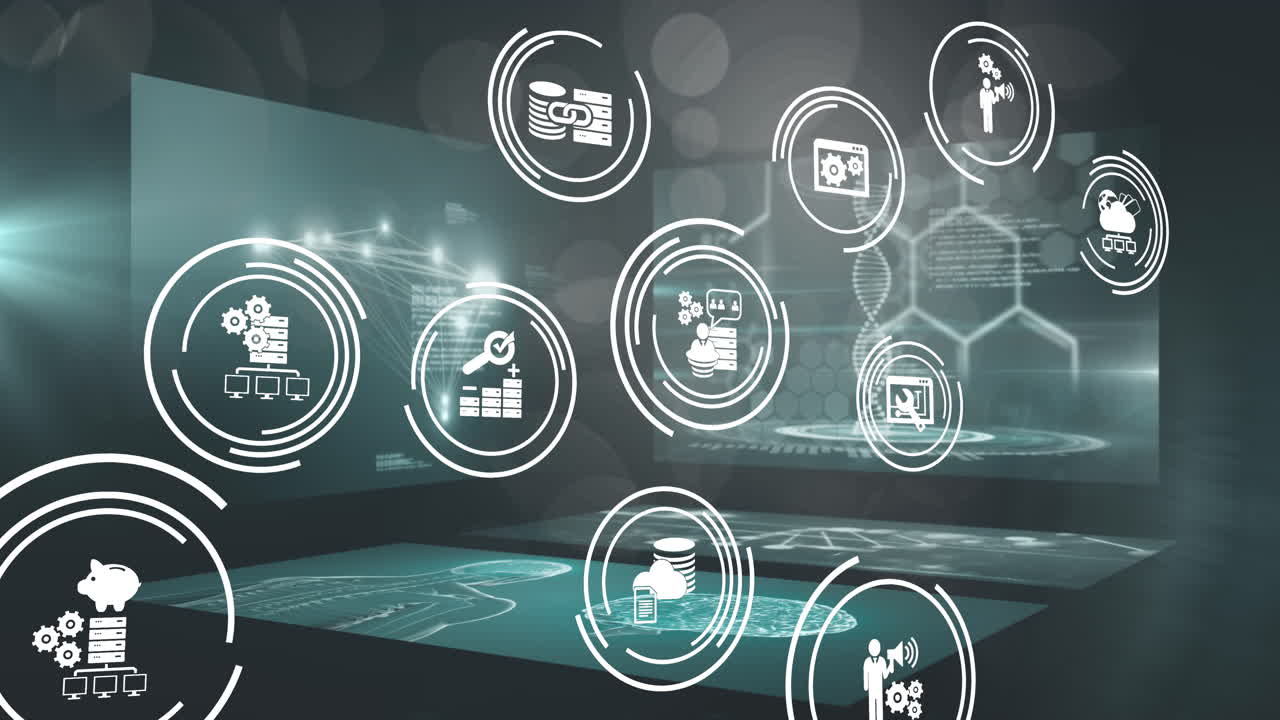 Animation of business icons and data processing on black background