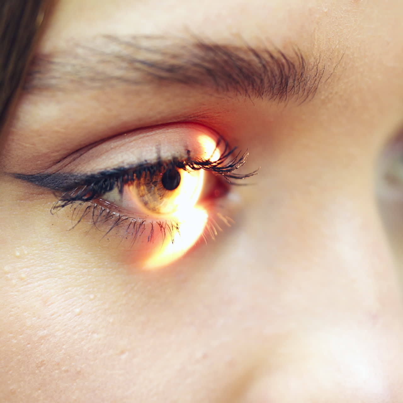 Young female checking her eyes at a doctor. Bright light shines inside the woman's eye. Concept of eye and cornea care. Close-up.