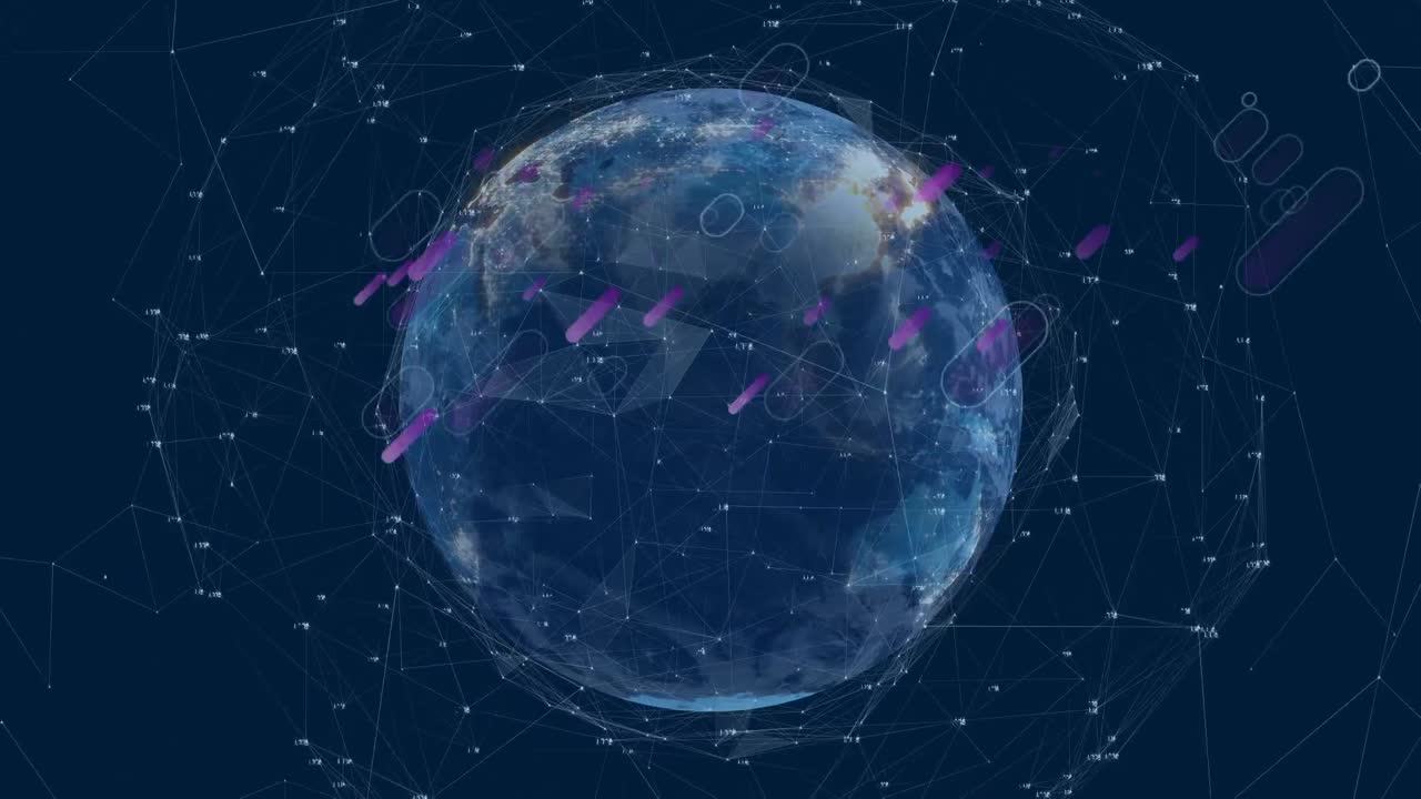 지구와 연결 네트워크 위에 떨어지는 분홍색 모양의 애니메이션