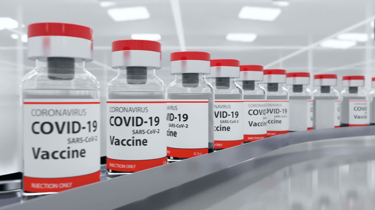 Coronavirus sars vaccine and covid-19 vaccination concept on production line