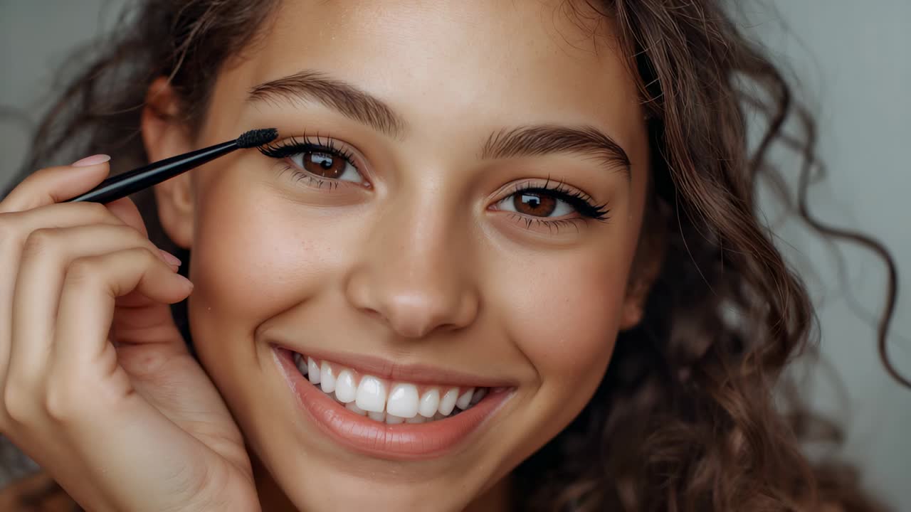 Smiling at camera, woman applying mascara wand across upper lashes in studio, demonstrating makeup
