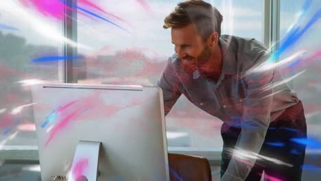 Animation-of-glowing-light-trails-over-businessman-in-office