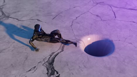 el personaje alienígena resiste la atracción de un agujero negro con una textura de mármol en movimiento. composición abstracta. bucle sin costuras 3d render