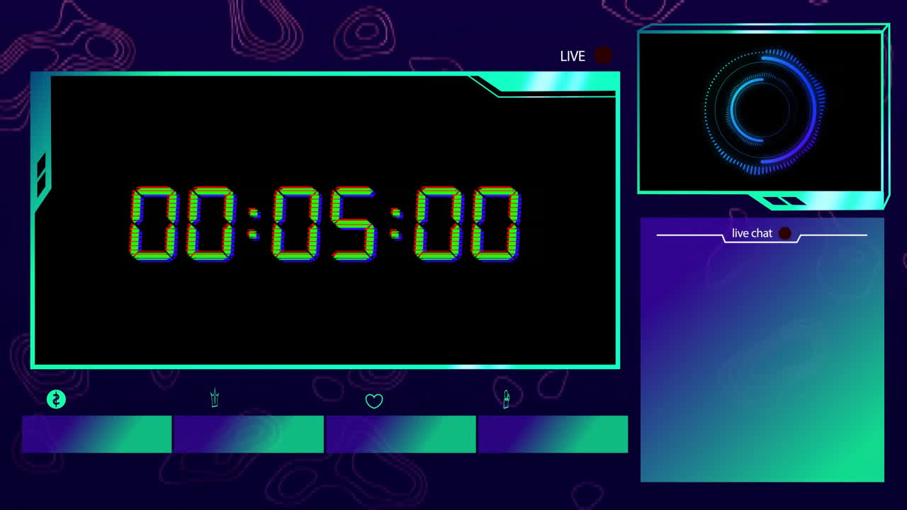 Animation of blue digital clock timer changing over screens on black background