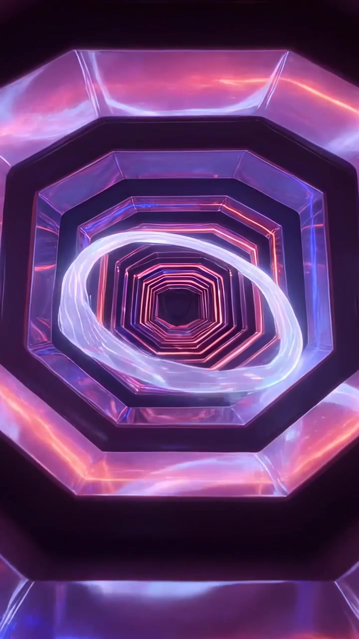 Video verticale: Nastro che entra dall'alto a destra e si avvolge a spirale in un tunnel ottagonale al neon con sfaccettature a specchio.
