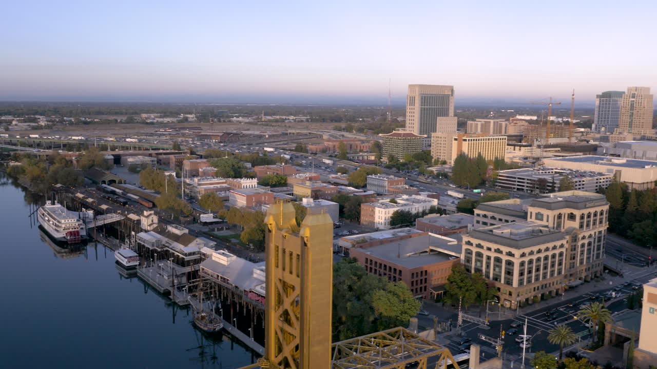 Aerial view of downtown Sacramento cityscape at dusk