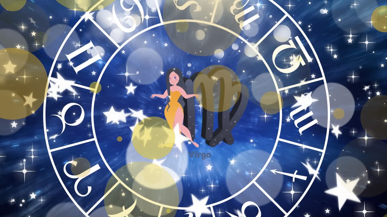 animación del signo estelar de virgo y la rueda del signo zodiacal del horóscopo sobre un fondo azul