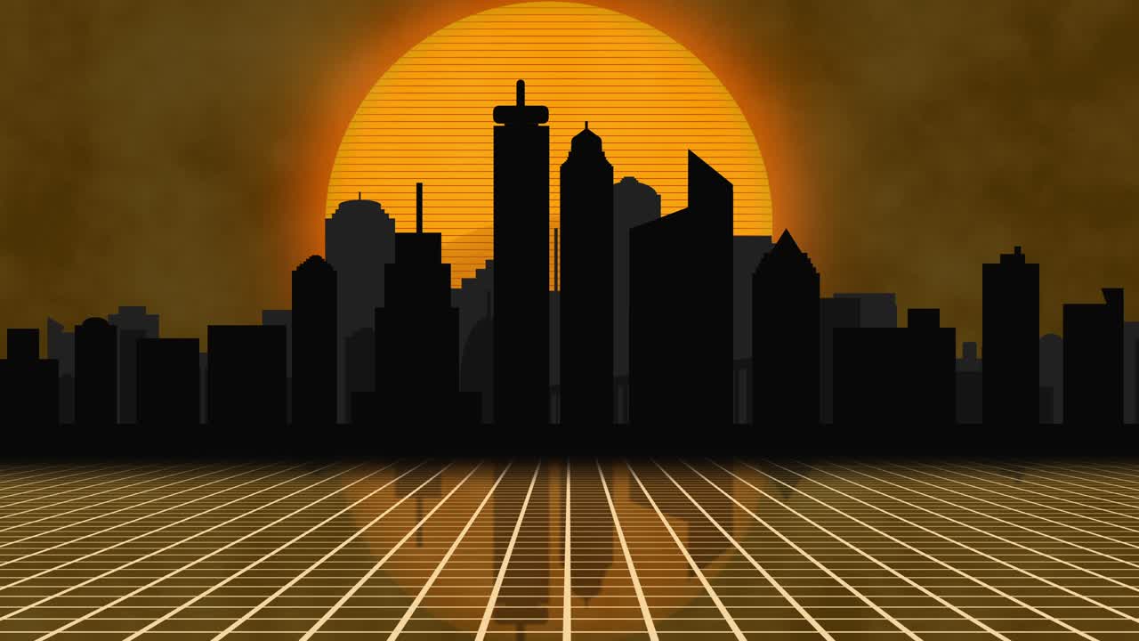 사이버 크 시 컨셉: 80년대의 공상과학 소설, 도시 위의 해가 지거나 해가 뜨는 모습, 시리스