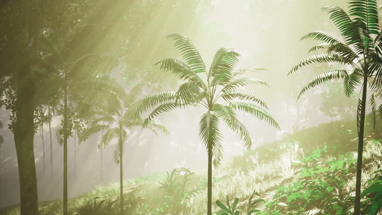 Sunlight filtering through a lush forest with palm trees in a tranquil setting