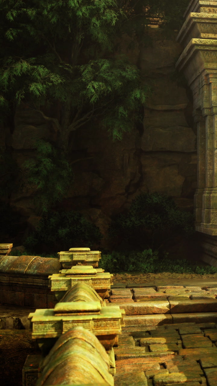 Ancient temple ruins illuminated in warm sunlight amidst lush greenery