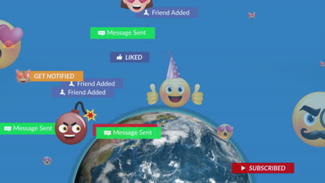 animación del texto de las redes sociales en banners con emojis ver globe en fondo azul