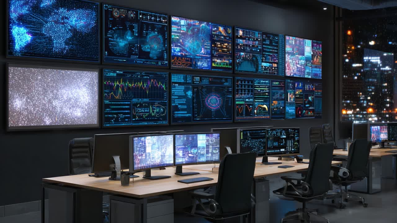 Sala di controllo ad alta tecnologia con monitor multipli e visualizzazioni di dati di notte, con lo skyline della città sullo sfondo, ideale per usi di sorveglianza e analisi.