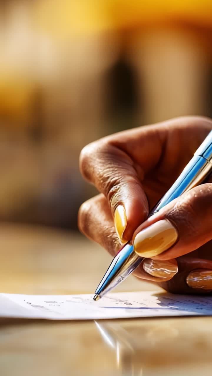 Close-Up of a Hand Writing with a Pen on a Piece of Paper in a Warm, Blurred Background with Subtle Lighting Effects