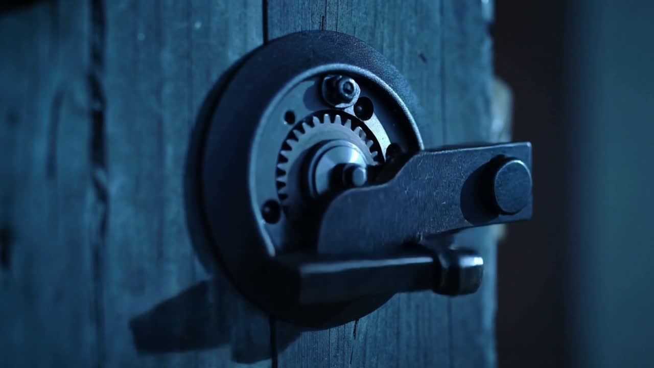 Girando il chiavistello metallico, leva che si muove in senso orario su una tavola di legno mentre una spinta innesta l'ingranaggio per bloccare la porta.