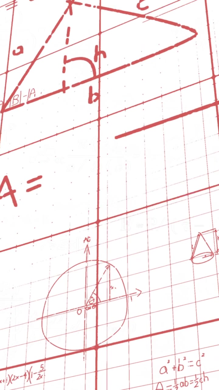 Animation of mathematical equations and formulas over grid network against white background