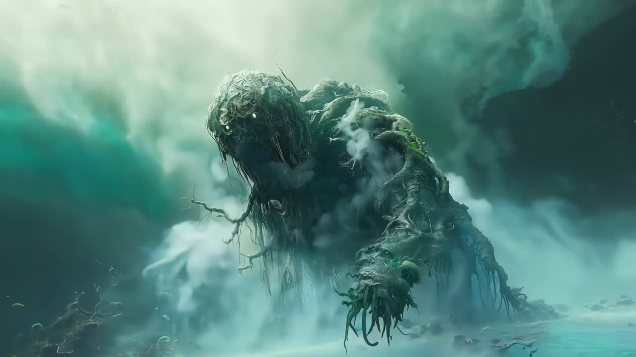 A creature that is standing in the middle of a foggy forest