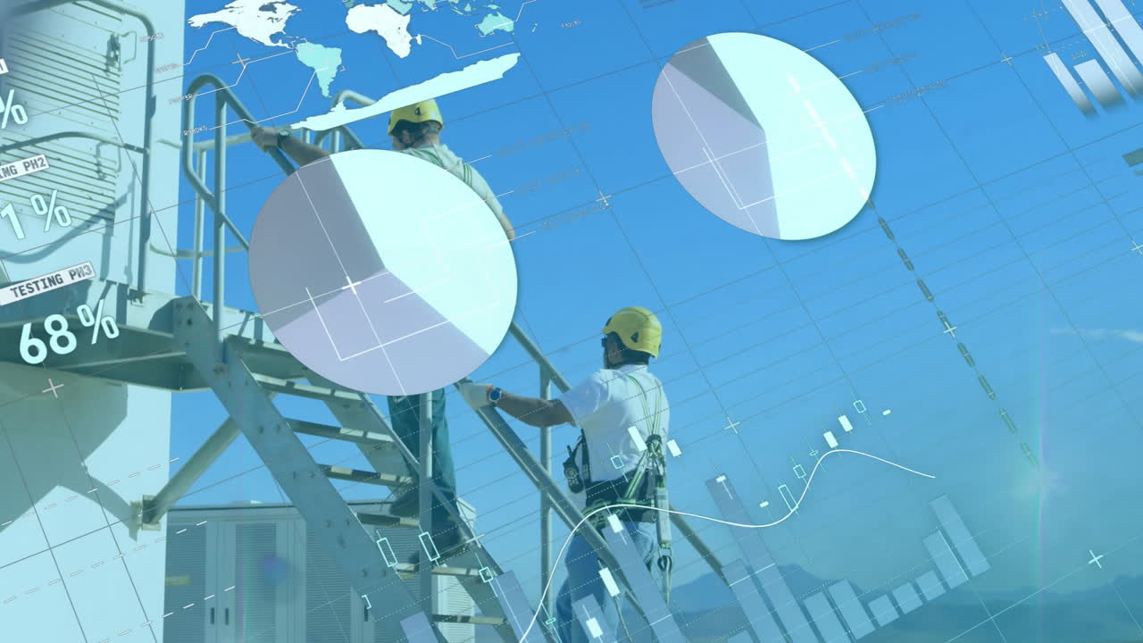 On scaffolding, construction workers analyzing data charts and graphs with animation