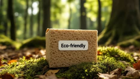 eco-friendly packaging box made from natural materials is resting on lush green moss in a tranquil forest, surrounded by soft sunlight filtering through the trees, highlighting sustainability