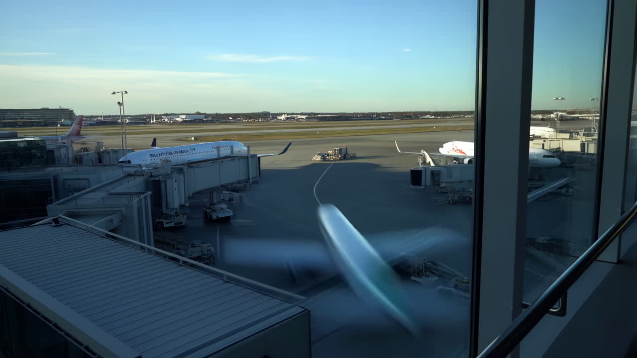 View of Airplanes and Ground Operations on an Airport Tarmac from the Terminal