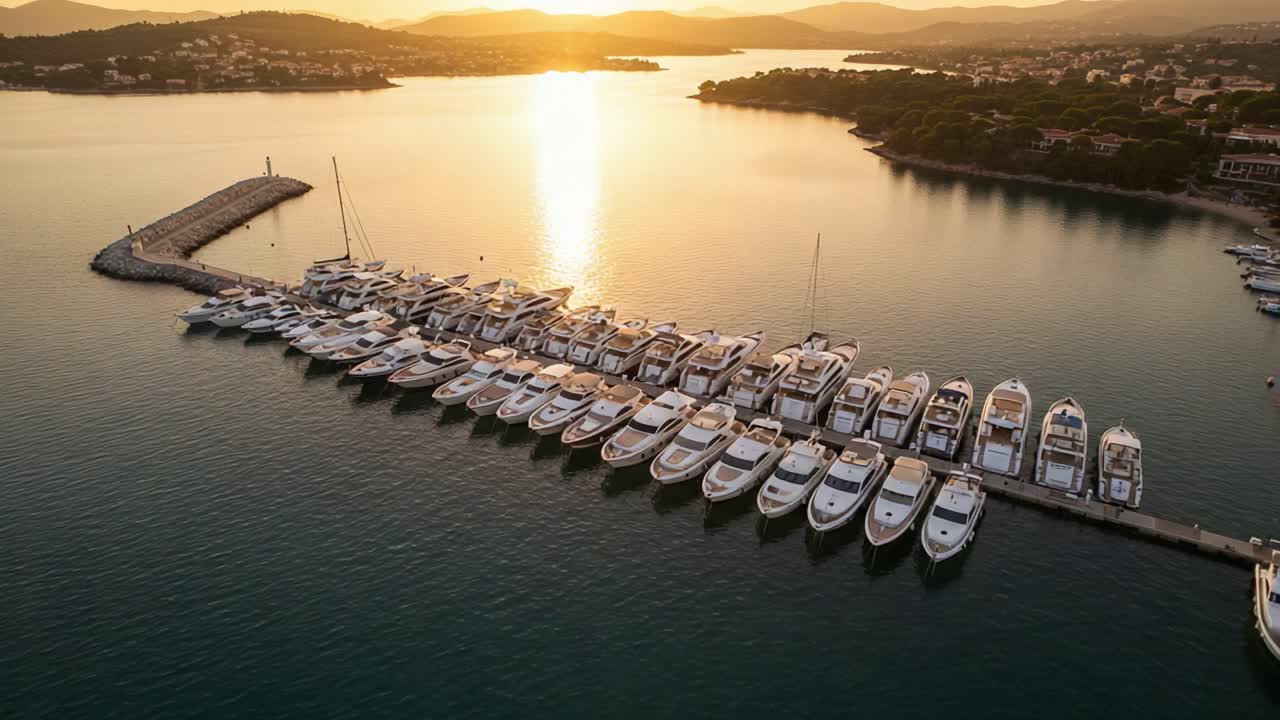 Tramonto sereno su una marina piena di yacht di lusso, ripreso dall'alto, che mostra la bellezza dei riflessi naturali e dello stile di vita nautico.