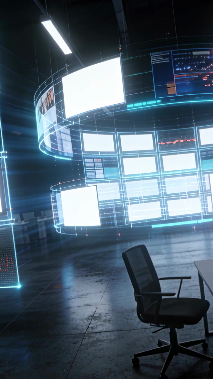 Vertikal video: Roterende buet hologramring i kommandocenter ved opstart, lyser op for at vise data.